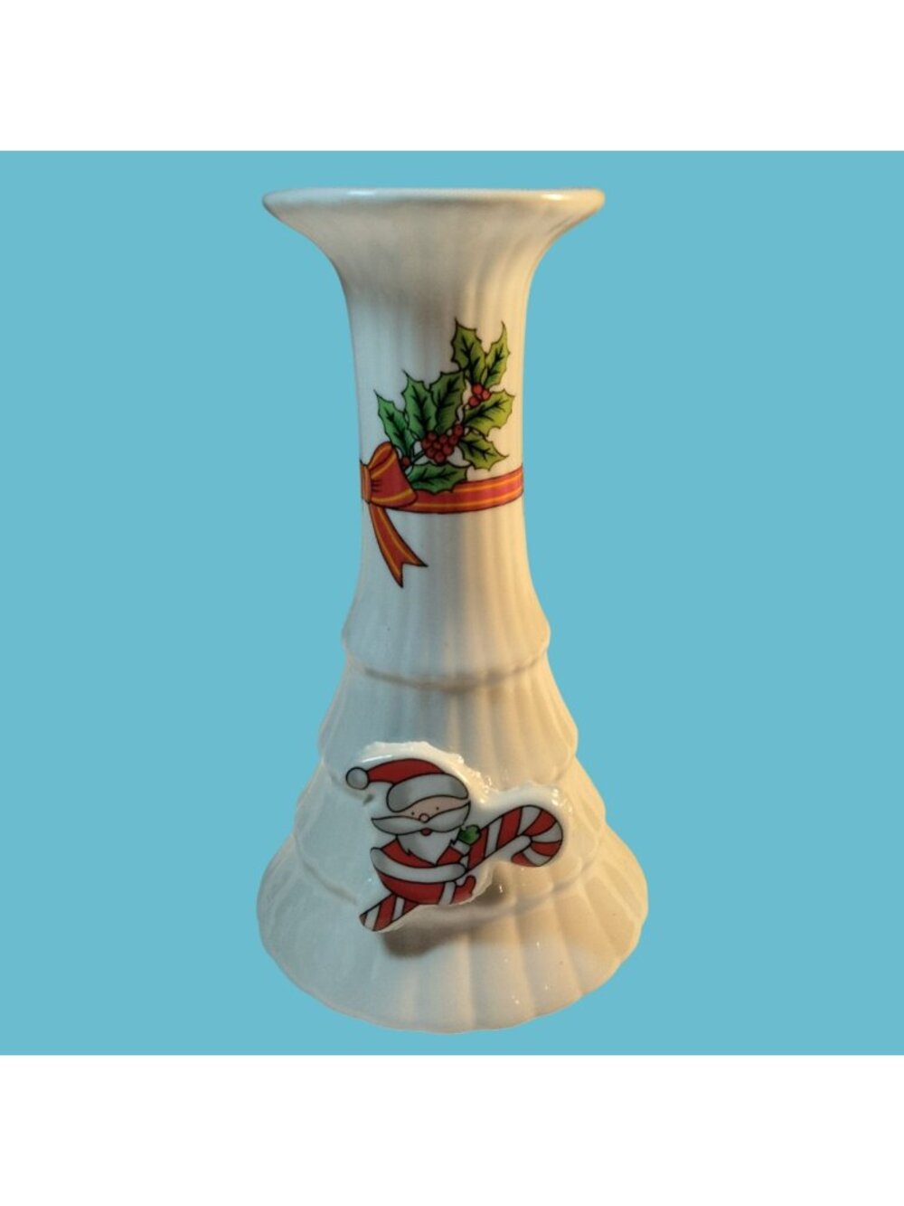 Vintage White Ceramic Christmas Vase Santa Holly Design